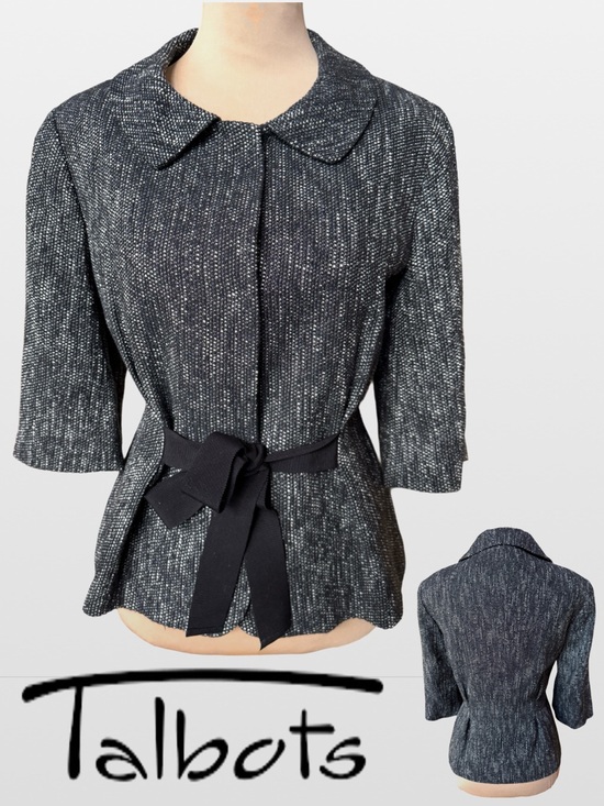 Talbots Jackets & Blazers - Talbots Black White Tweed Cropped Jacket 3/4 Sleeves Lined Tie Belt (12P)